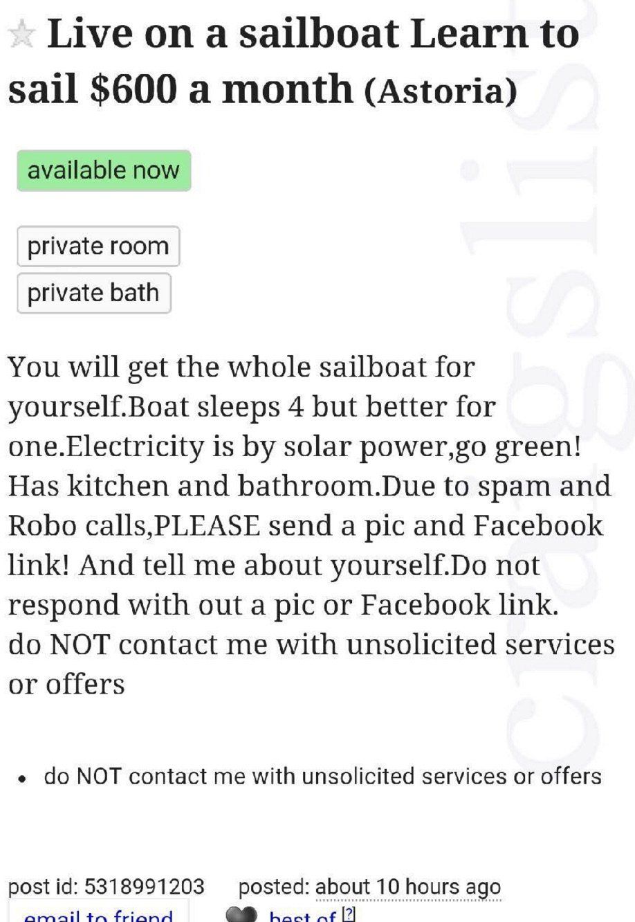An ad for a room on a sailboat<br/>